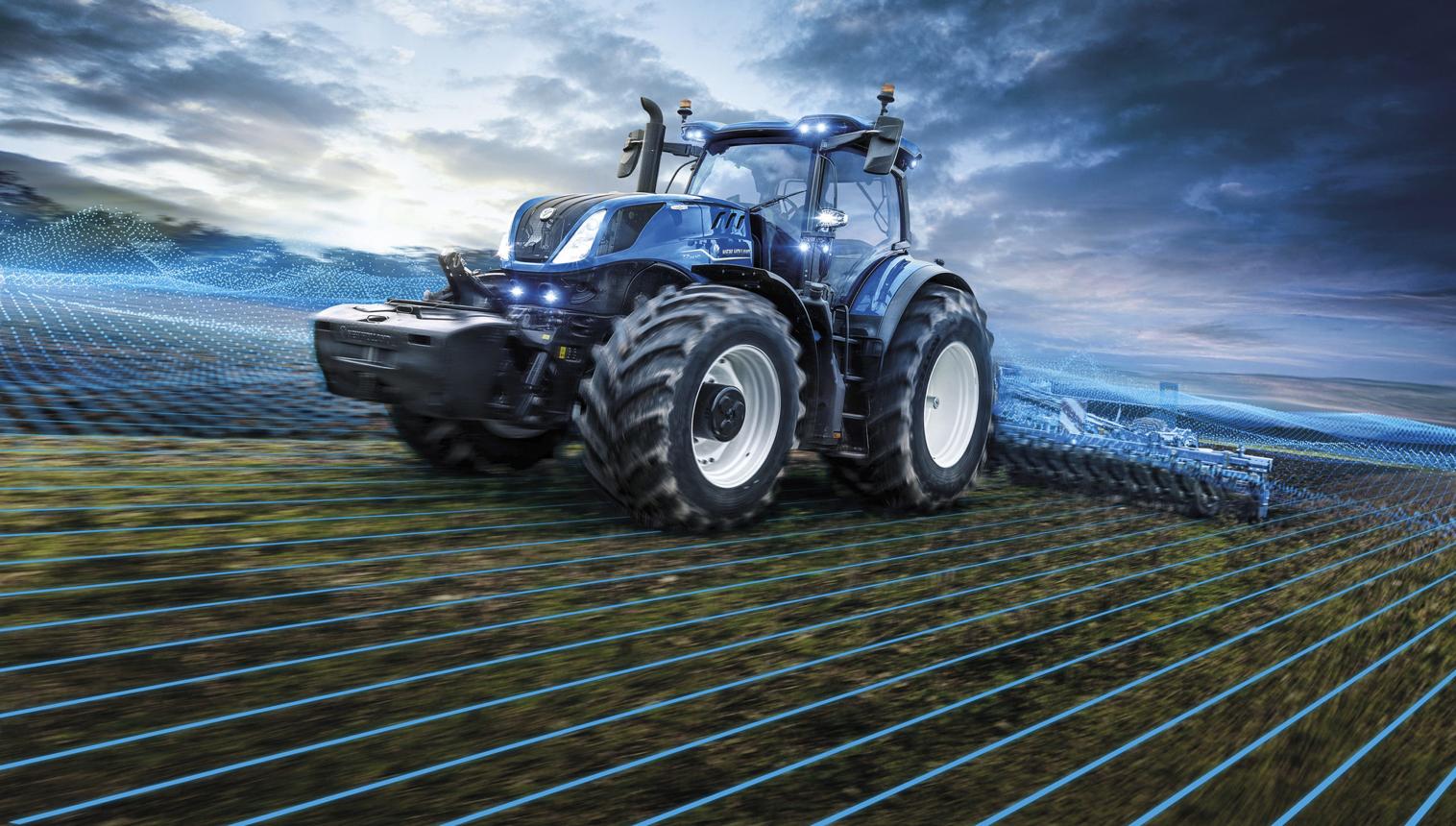 Trator agrícola moderno operando em lavoura ao entardecer